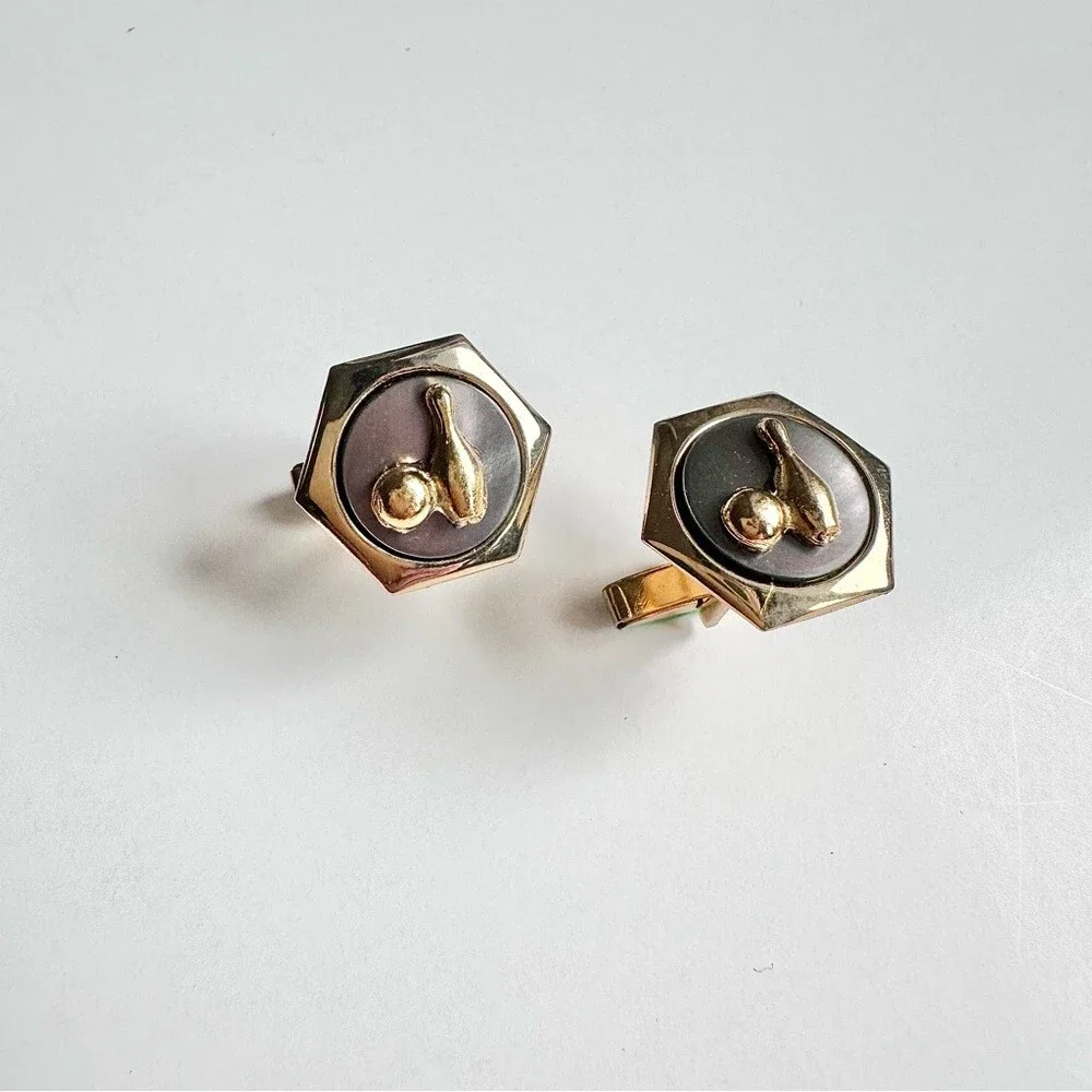 Vintage 70’s 3pc Cufflinks & Tie Clip Set Gold Tone Black Bowling Ball & Pins